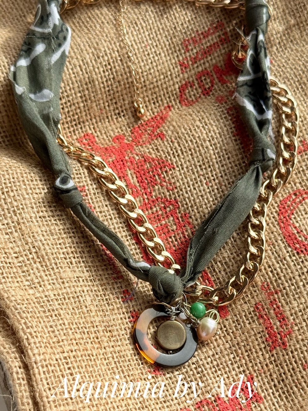 Baroque pearl + Olive Green Scarf and Gold Chain Necklace with Charms